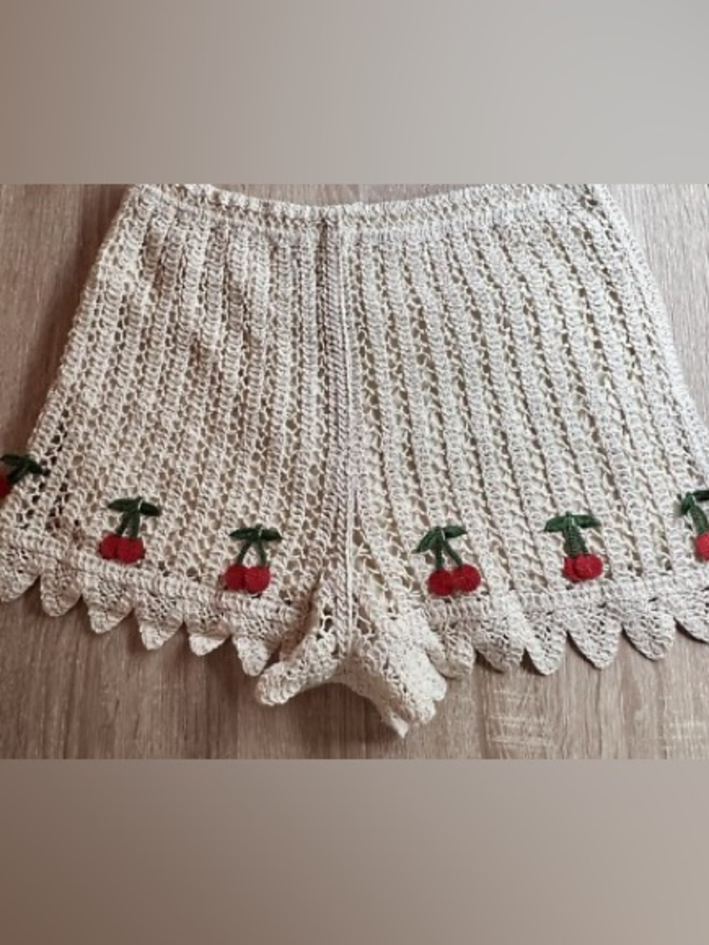 Rebellion Cream Crochet Shorts with Red Cherry Embroidery